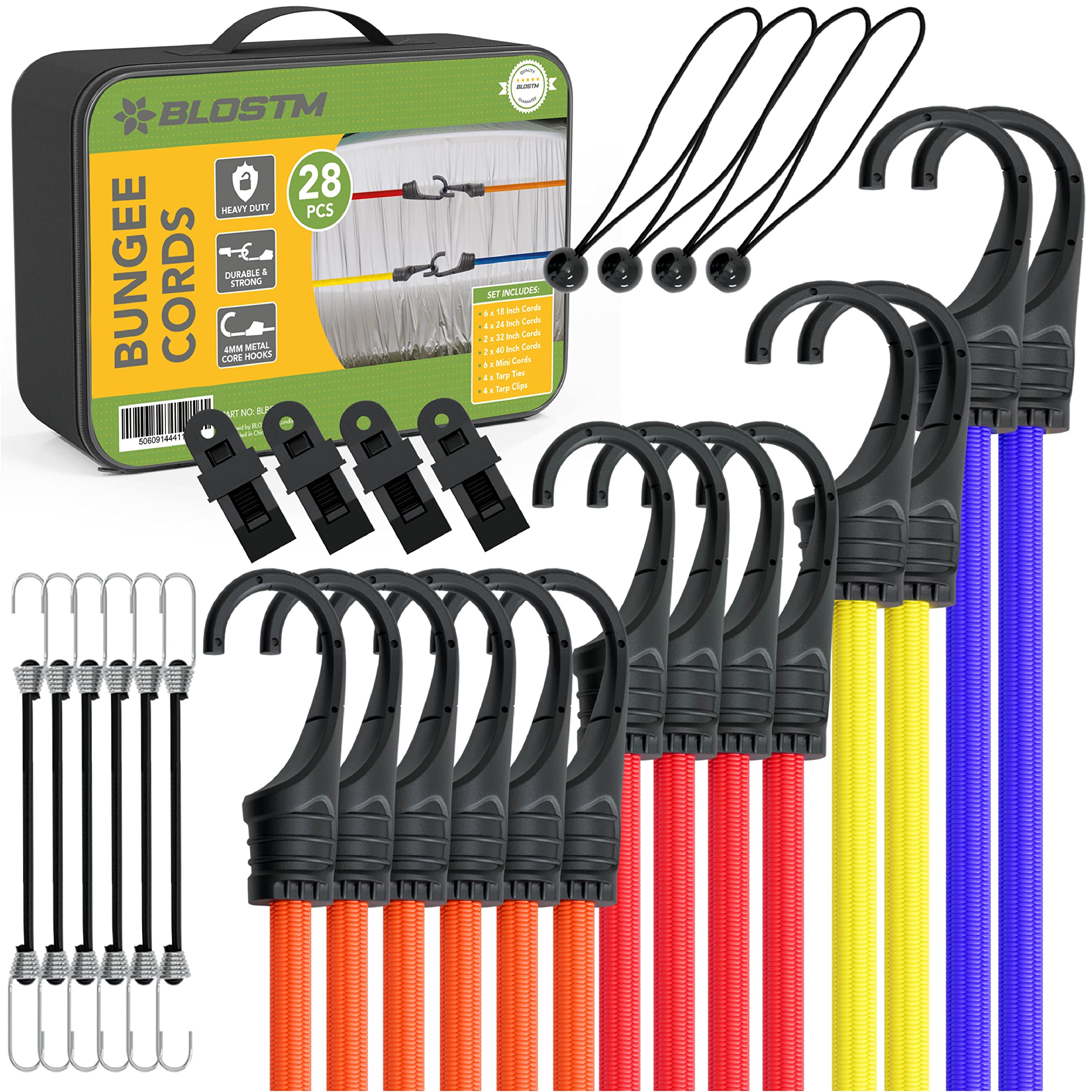 BLOSTM Premium Bungee Cords with Hooks - 28pcs UV Resistant Bungee Straps Set with Tarp Clips & Flag Bungees, Non-Scratch Bungee Cords with Balls & Tarpaulin Clips - Heavy Duty Set of 28