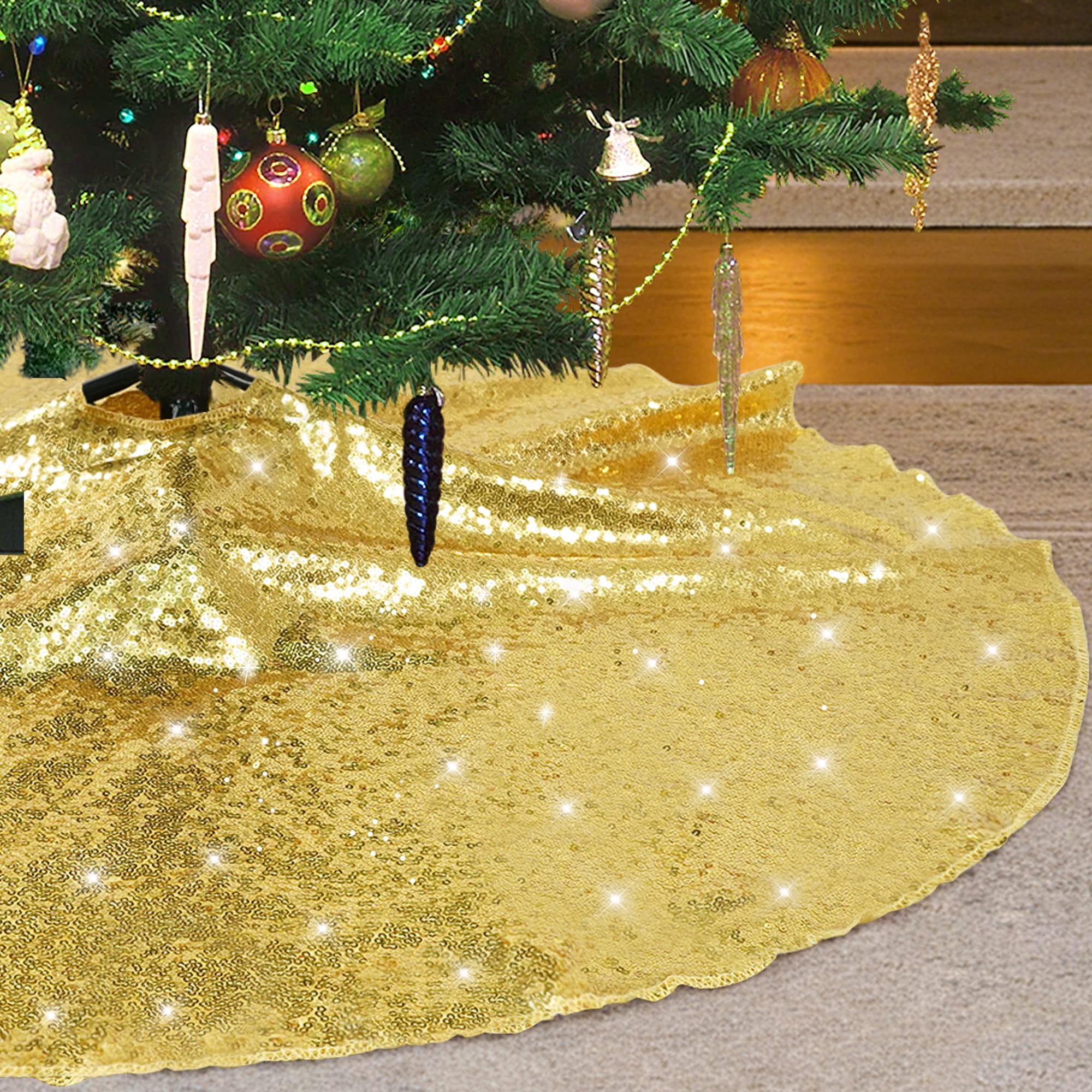 Eternal Beauty Christmas Tree Skirt 127cm Round Christmas Sequin Gold Tree Skirt Xmas Tree Ornament for Holiday Decoration(50 inches,Amber Gold)