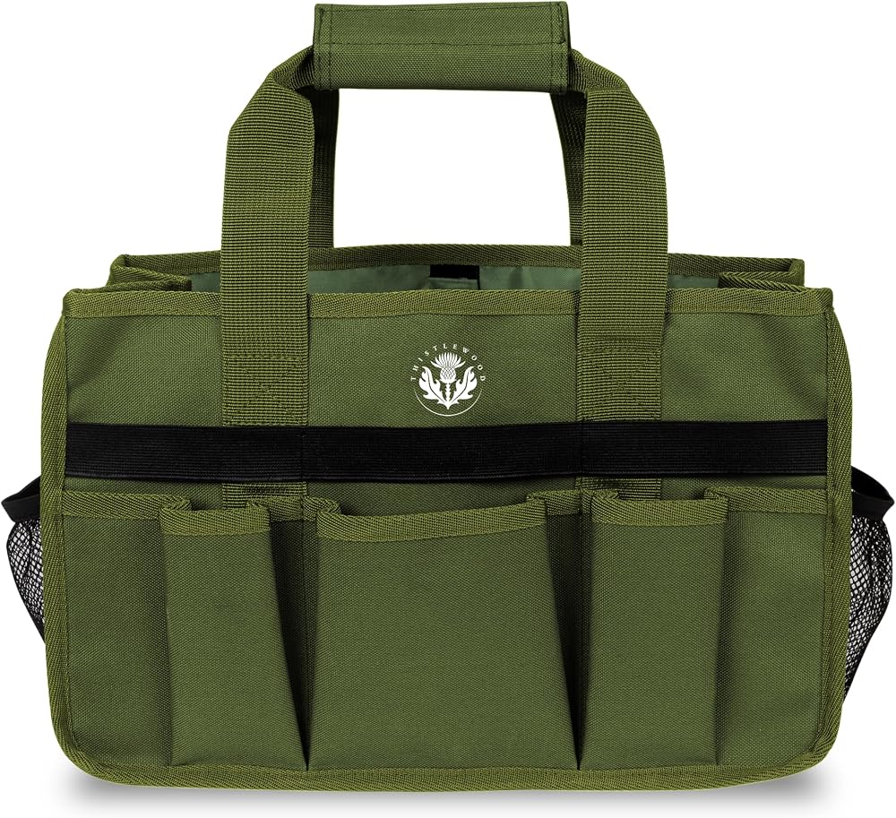 Thistlewood Olive Green Garden Tool Storage Bag - 600D Waterproof, 8 Pockets
