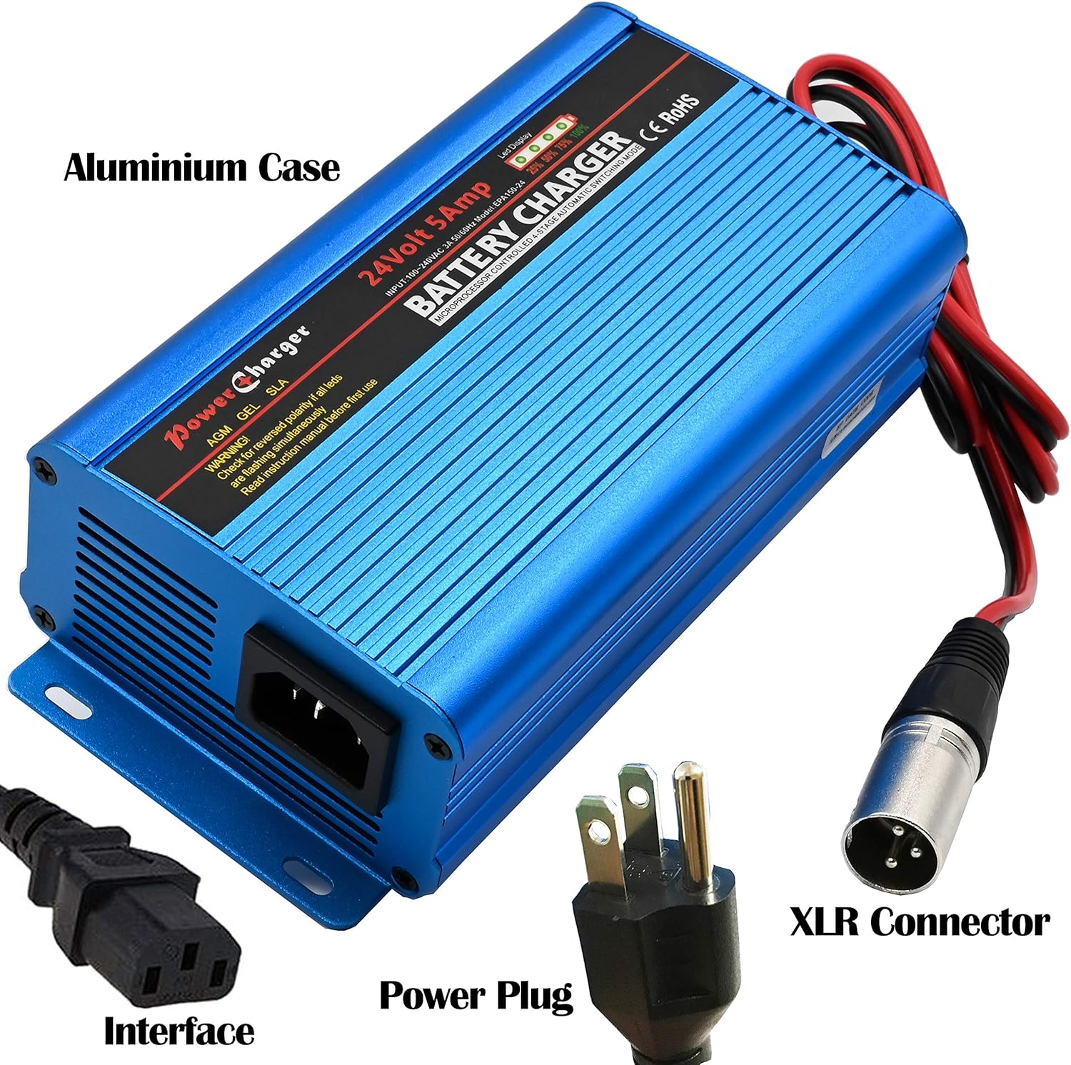 24V 5A Automatic Battery Charger Trickle Charger Battery Maintainer with 3-Pin XLR Connector for Scooter Wheelchair Car Motorcycle eBike Lawn Mower Marine Boat: Automotive