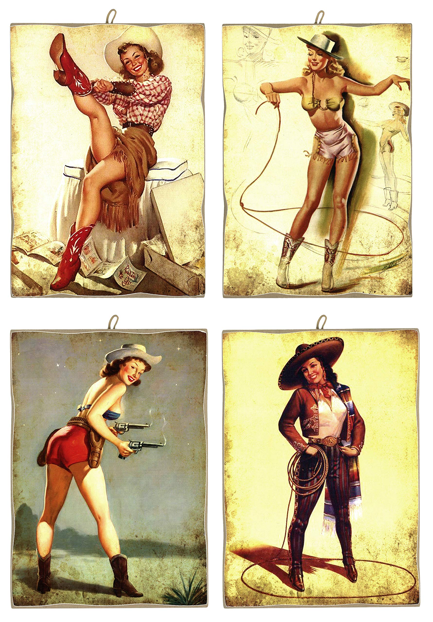 KUSTOM ART Set of 4 Vintage Style Taps, Collectable Pin Up Series, Laser-Shaped Wood Print Made in Italy - Gift Idea (Group 2)