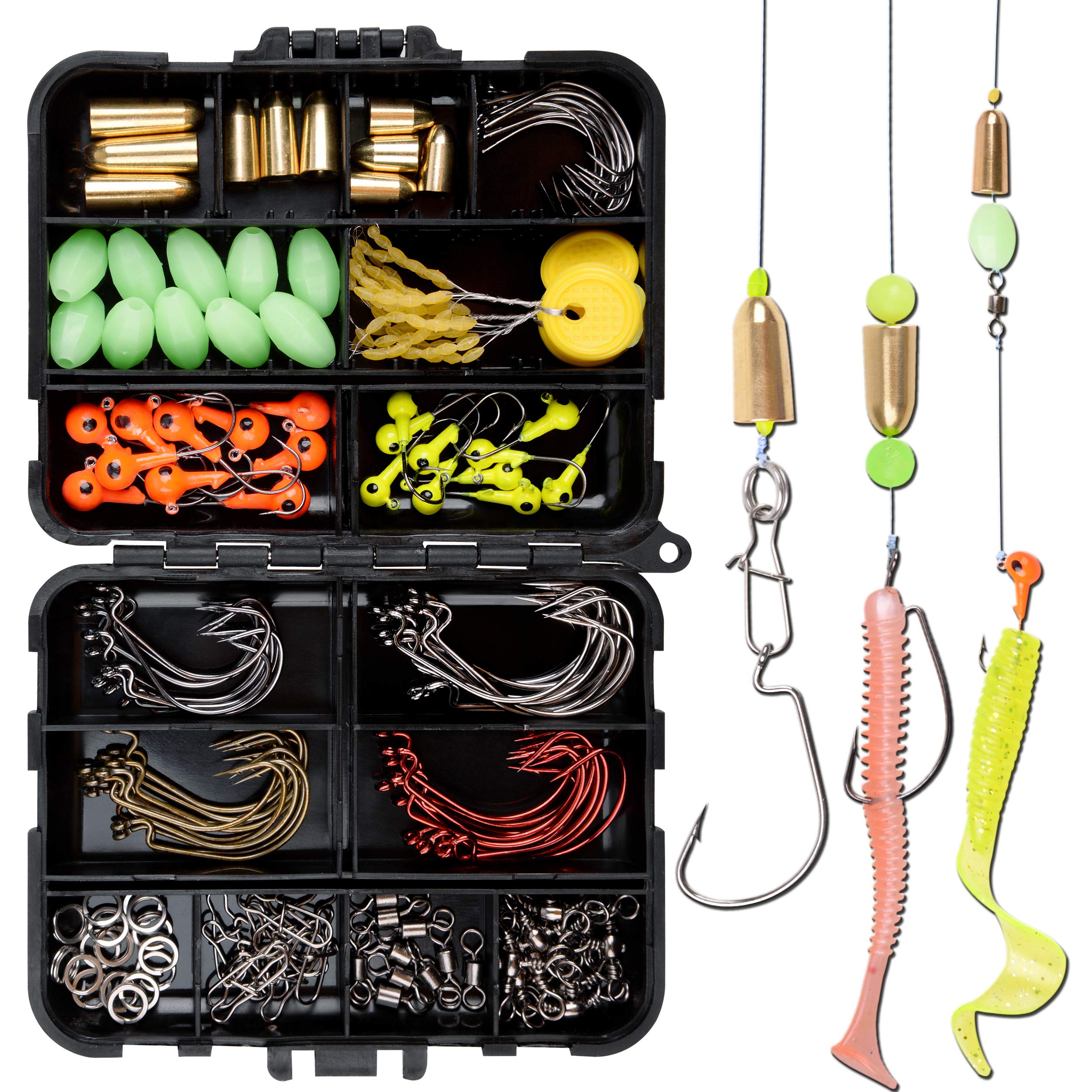 138pcs Fishing Accessories Set with Tackle Box Including Offset Worm Hooks, Jig Head Hooks,Barrel Swivel Snaps, Copper Weights, Space Beans,Beads for Saltwater and Freshwater