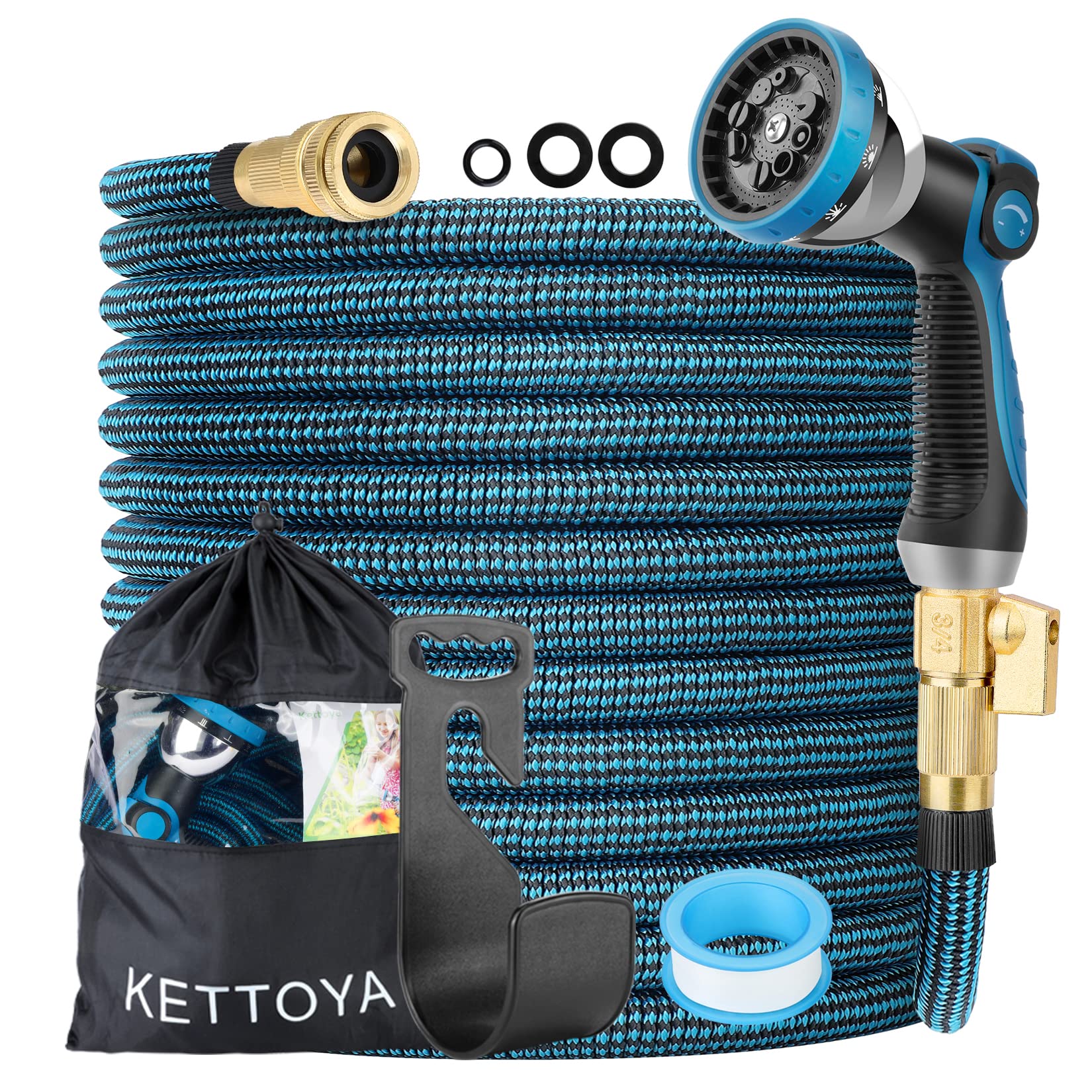 KETTOYA 100FT Expandable Garden Hose, Flexible Water Hose with 10-Pattern Spray Nozzle, Leak-Proof Retractable Heavy Duty Hose Pipe, 4-Layer Latex Core, Durable 3750D, Male Valve Connector, Kink-Free