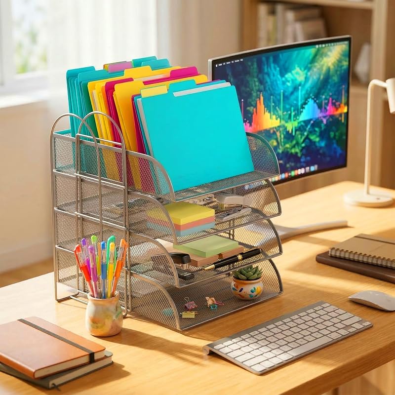Tabuleiro de Documentos Metálico A4, 4 níveis, 2 estantes para carregadores, 33 x 40,5 x 33,5 cm, Organizador, prateado