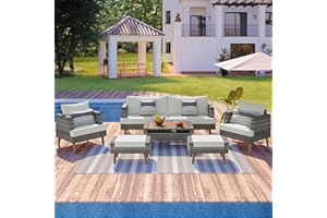 IBRACCIENI 6-Piece Outdoor Patio Furniture Set, All-Weather Wicker Conversation Set with Solid Wood Tabletop and Metal Frame, Modern Sectional Sofa with Double Cushions, Outdoor Table and Chairs (Grey, Beige)