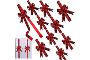 MCEAST 10 Pieces Christmas Door Cabinet Bows Large Christmas Red Buffalo Plaid Ribbons Cabinet Door Bows for Christmas Festive Party Supplies,10 x 87 Inches