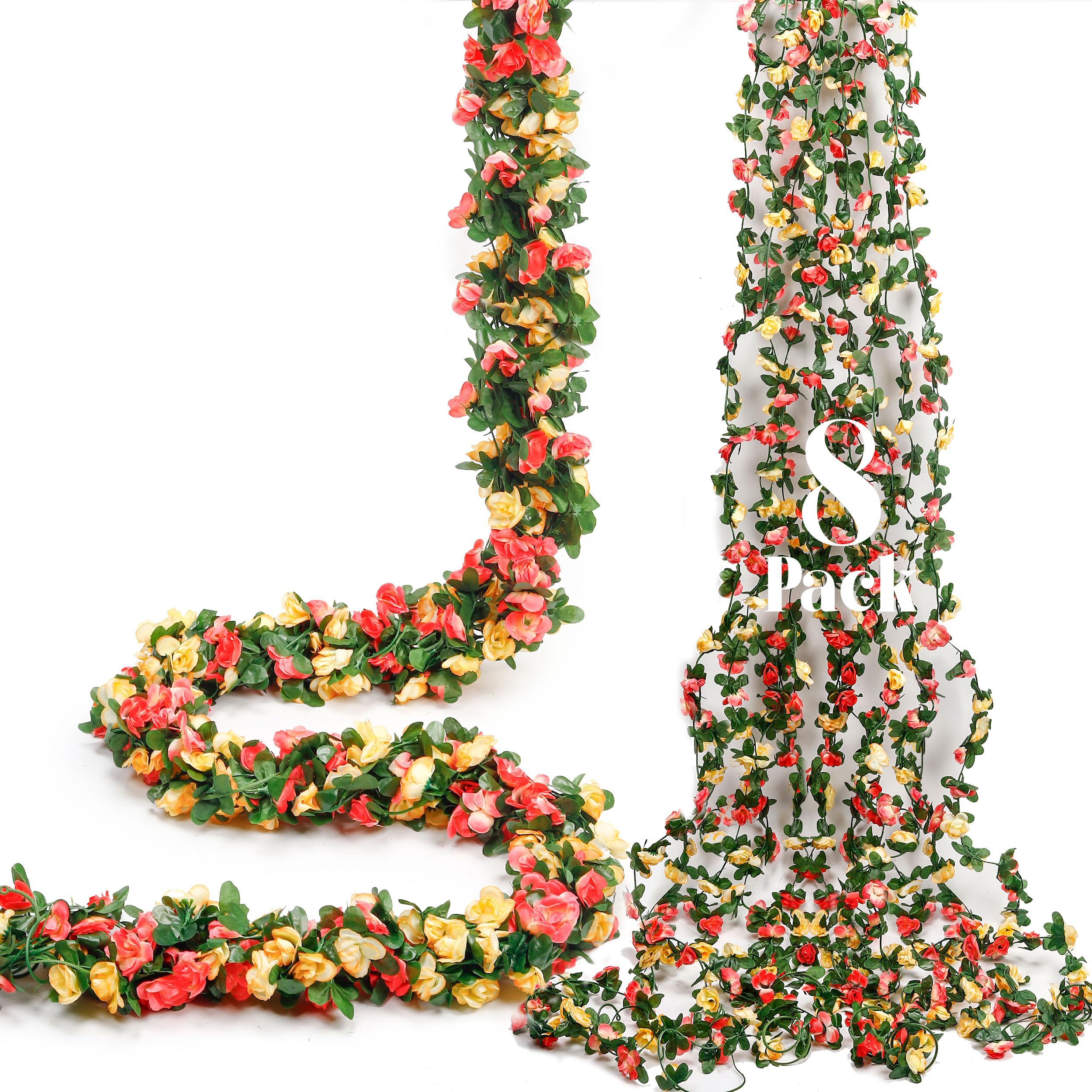 Photo 1 of Miracliy 8Pcs 66FT Flower Garland, Orange and Champagne Artificial Rose Floral Vines Fake Hanging Spring Flower Garland for Wall Backdrop Wedding Arch Tea Party Door Mantle Decoration