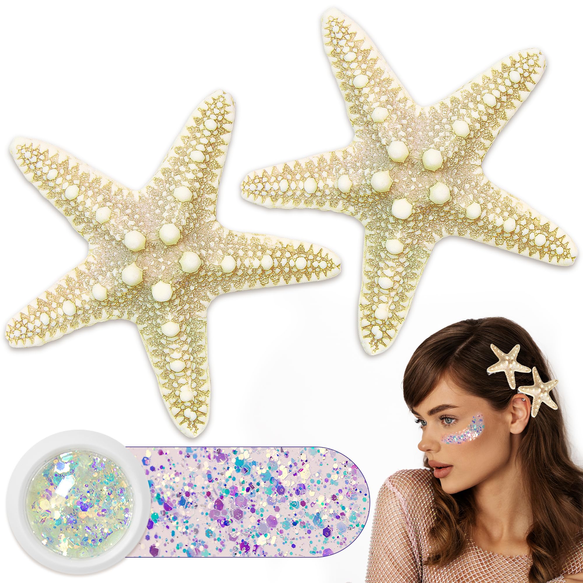 Photo 1 of Gofriipai 2 Pcs Starfish Hair Clip with Face Glitter Body Glitter, Mermaid Hair Clips Accessories for Women and Girls, 2 in 1 Accessory Sets for Mermaid Halloween Beach Costume