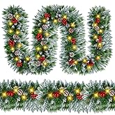 Christmas Garland with Lights - 9FT Pre-Lit Flocked Garland with 30 LED Bulbs, Red Berries, Pine Cones, Artificial Pine Battery Operated Garland for Fireplace, Staircase, Indoor & Outdoor Decoration