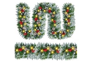 YIFDEGO Christmas Garland with Lights - 9FT Pre-Lit Flocked Garland with 30 LED Bulbs, Red Berries, Pine Cones, Artificial Pine Battery Operated Garland for Fireplace, Staircase, Indoor & Outdoor Decoration