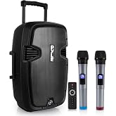 Pyle Karaoke Portable 15-inch PA Speaker System - 1600W Active Powered Bluetooth Compatible Speaker, Rechargeable Battery, Easy Carry Wheels, USB MP3 RCA, FM Radio, 2 UHF Microphone
