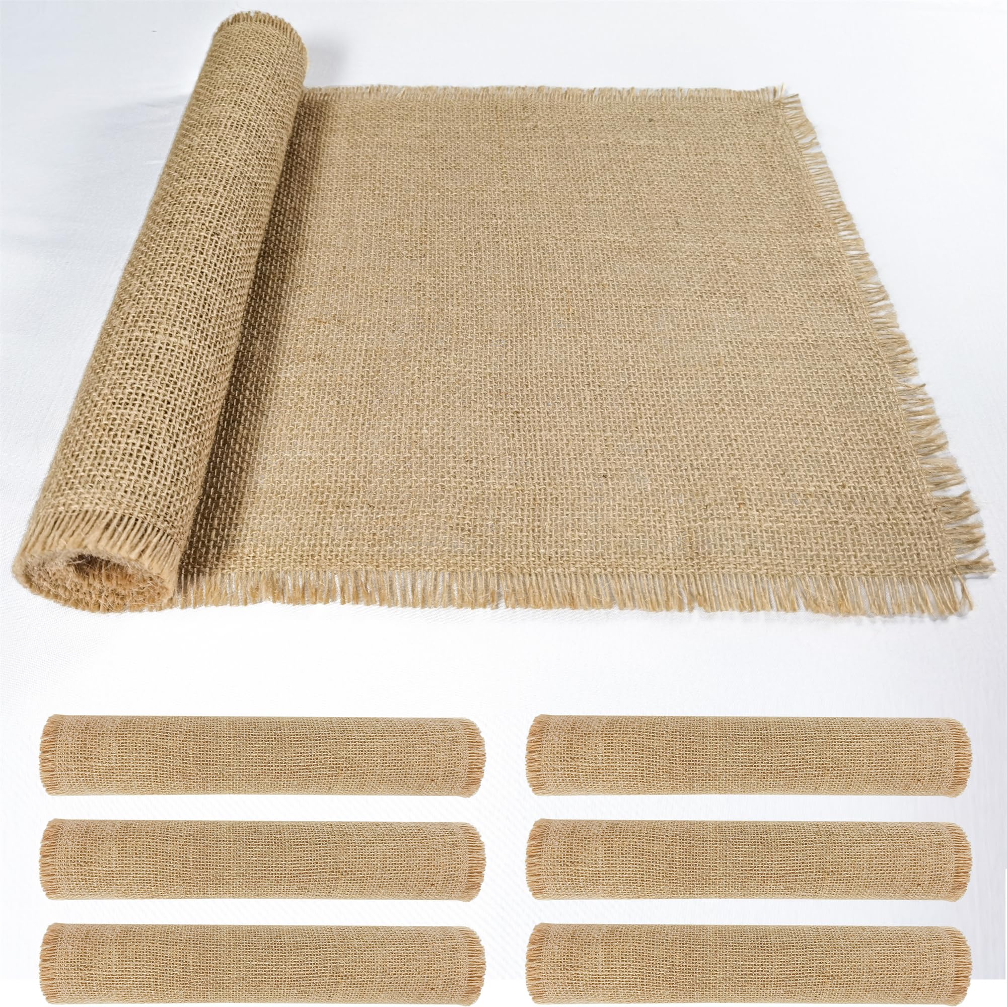 Photo 1 of 6 Pack 13 x 72 Inch Tassel Burlap Table Runners,Natural Rustic Jute Table Runner and Placemats Bulk for Western Wedding Table Decorations,Farmhouse Style Party,Holiday,Kitchen Table Decor Cover