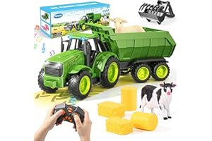 Funwee 2.4GHz RC Tractor Toy w/Light & Music, Kid Farm Car Toy w/Front Loader & Farm Animal, RC Tractor Trailer Truck Vehicle Toy for Boy Girl Age 3 4 5 6 7+ Year Old Christmas Birthday Gift (Green)