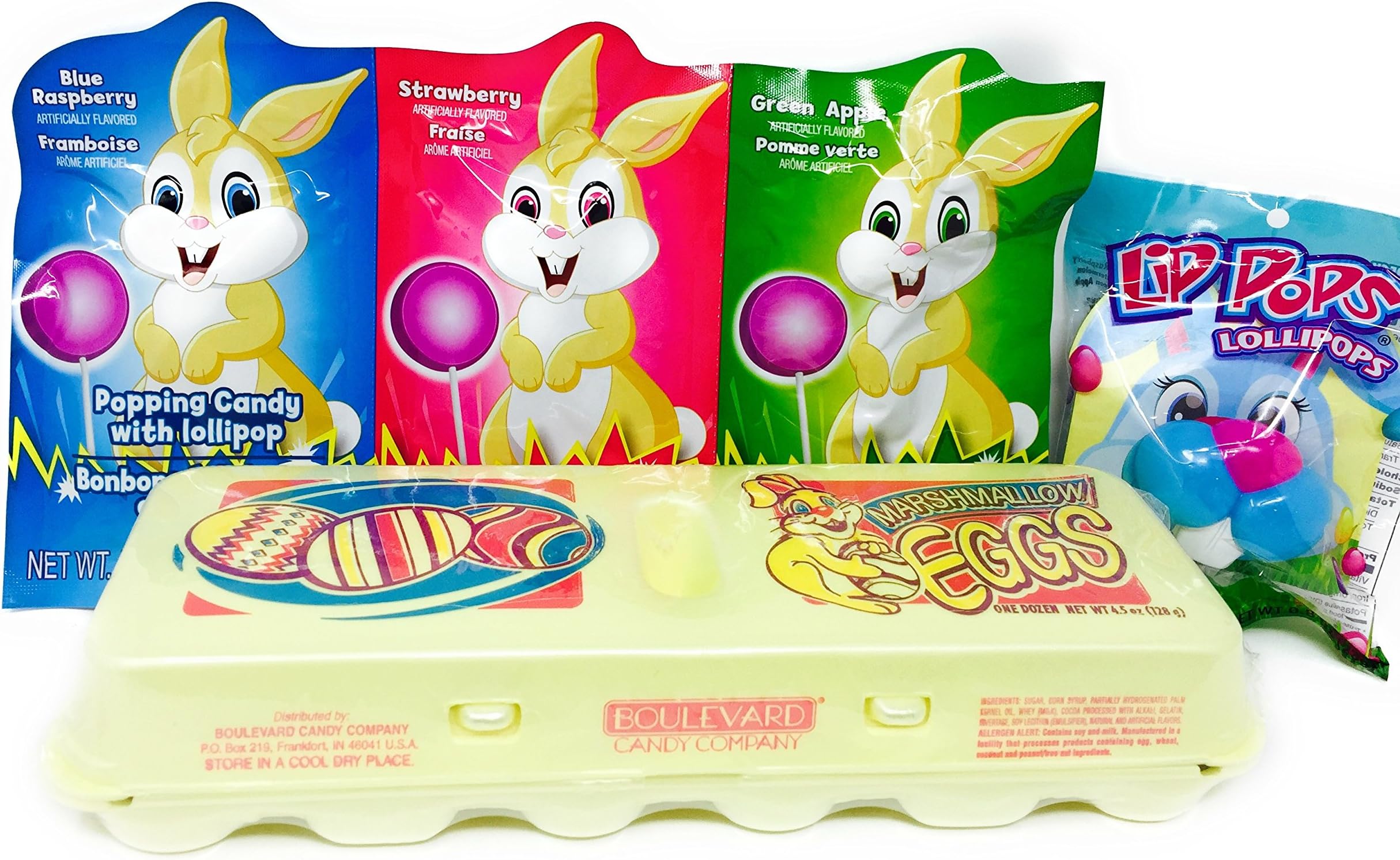 Easter Candy Bundle with Marshmallow Egg Carton, Popping Candy with Lollipop and Lip Pop Bunny Face