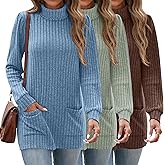 Velvelhall 3 Pack Women's Turtleneck Long Sleeve Sweaters, Puff Ribbed Knit Sweaters Pullover Casual Tunic Tops with Pockets