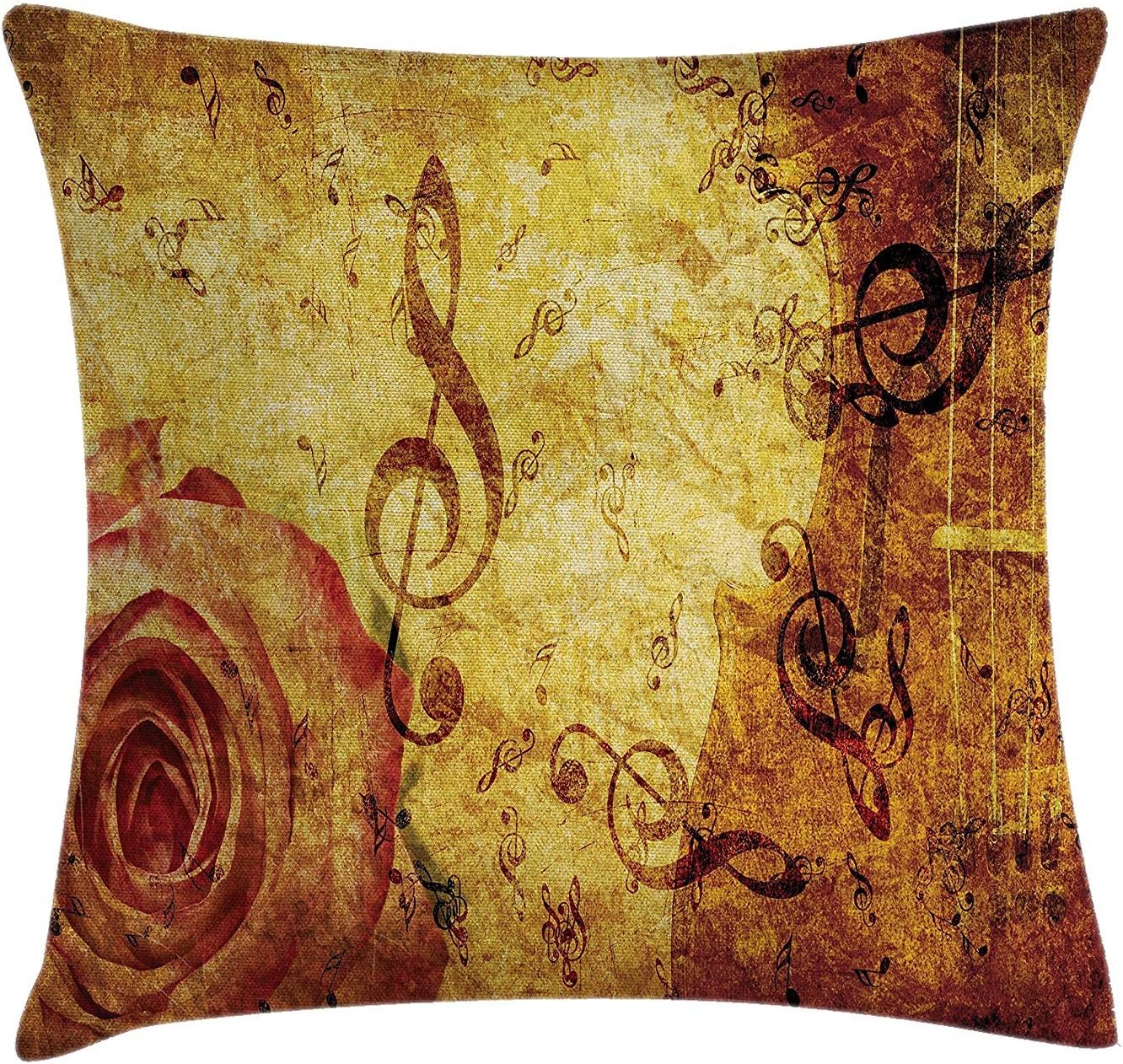 K0k2t0 Shabby Chic Throw Pillow Cushion Cover, Old-Fashioned Design with Rose and Treble Clefs Music Notes Harmonical Concept, Decorative Square Accent Pillow Case, 18 X 18 inches, Cream Red