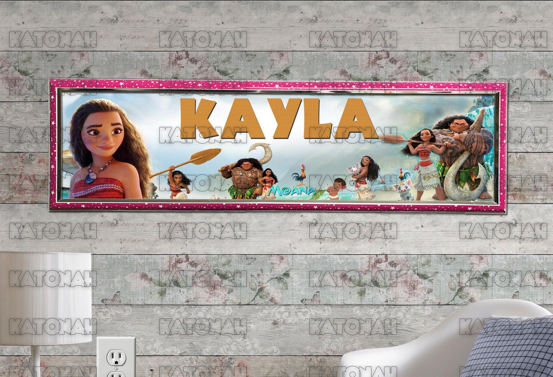 KATONAH Customized Name Painting Moana Movie Poster with Your Name On It Personalized Banner with Hard Frame