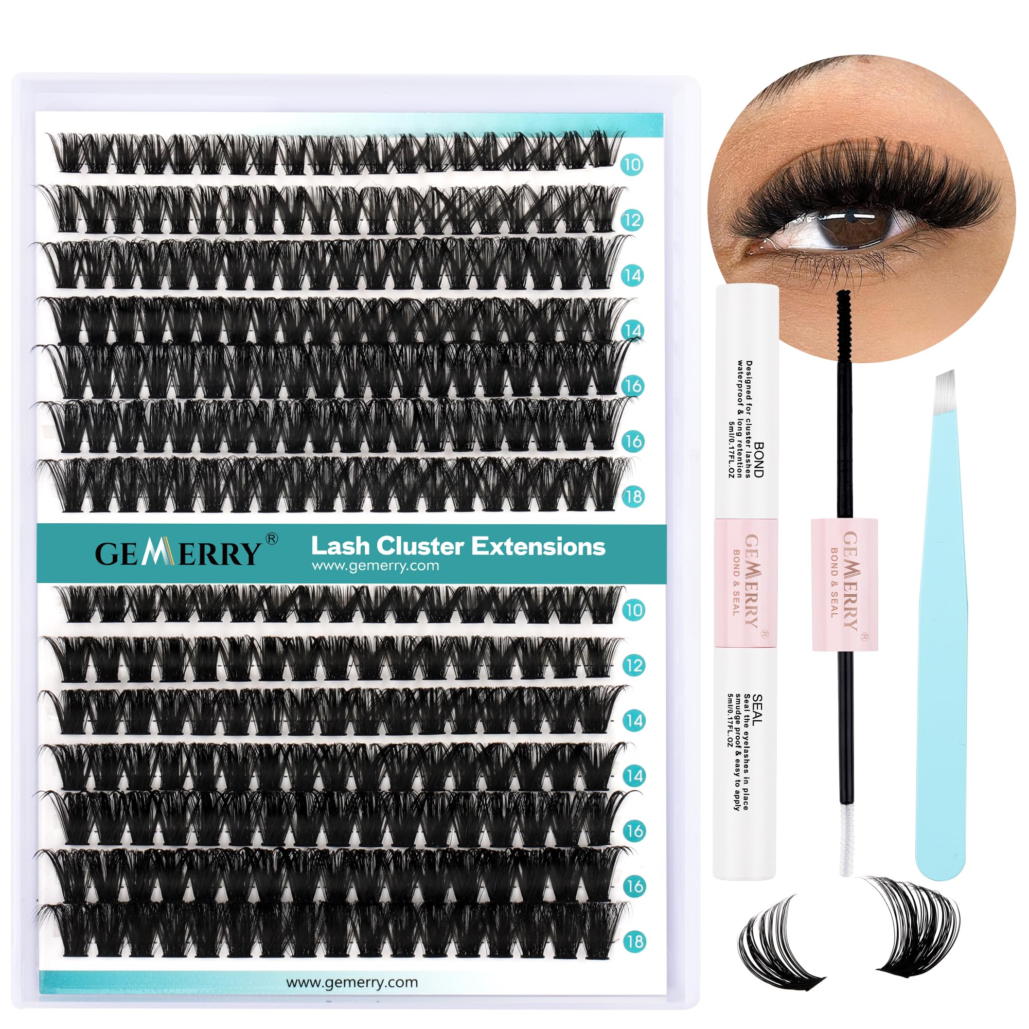 GEMERRY DIY Cluster Eyelash Extensions Kit with Lash Bond and Seal and Applicator for Beginners 280 PCS Individual Lash Cluster Kit 0.07D 10-18 Mix, DIY at Home (60D+80D-0.07D,10-18MIX-KIT)