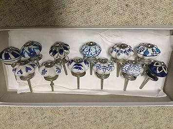 Gemischt Set mit blau & weiß Schrankknöpfe aus Keramik x 10 (MG-203) 'Vintage-Chic' TM Produkt