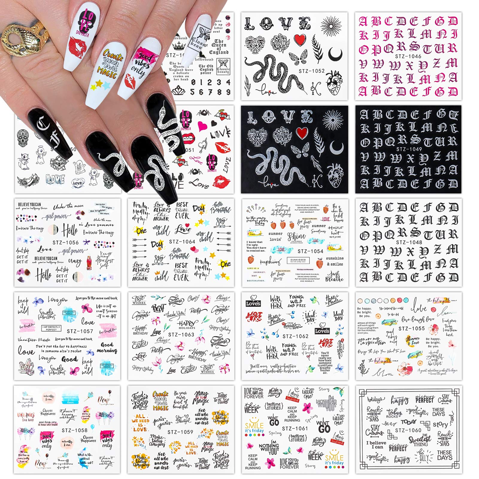 Kalolary 20PCS Snake Pattern Nail Art Stickers Water Transfer Nail Decals, Flower Letter Snake Red Lips Nail Design Stickers Nail Art Accessories Decoration for Women Girls Gel Nails Art Design