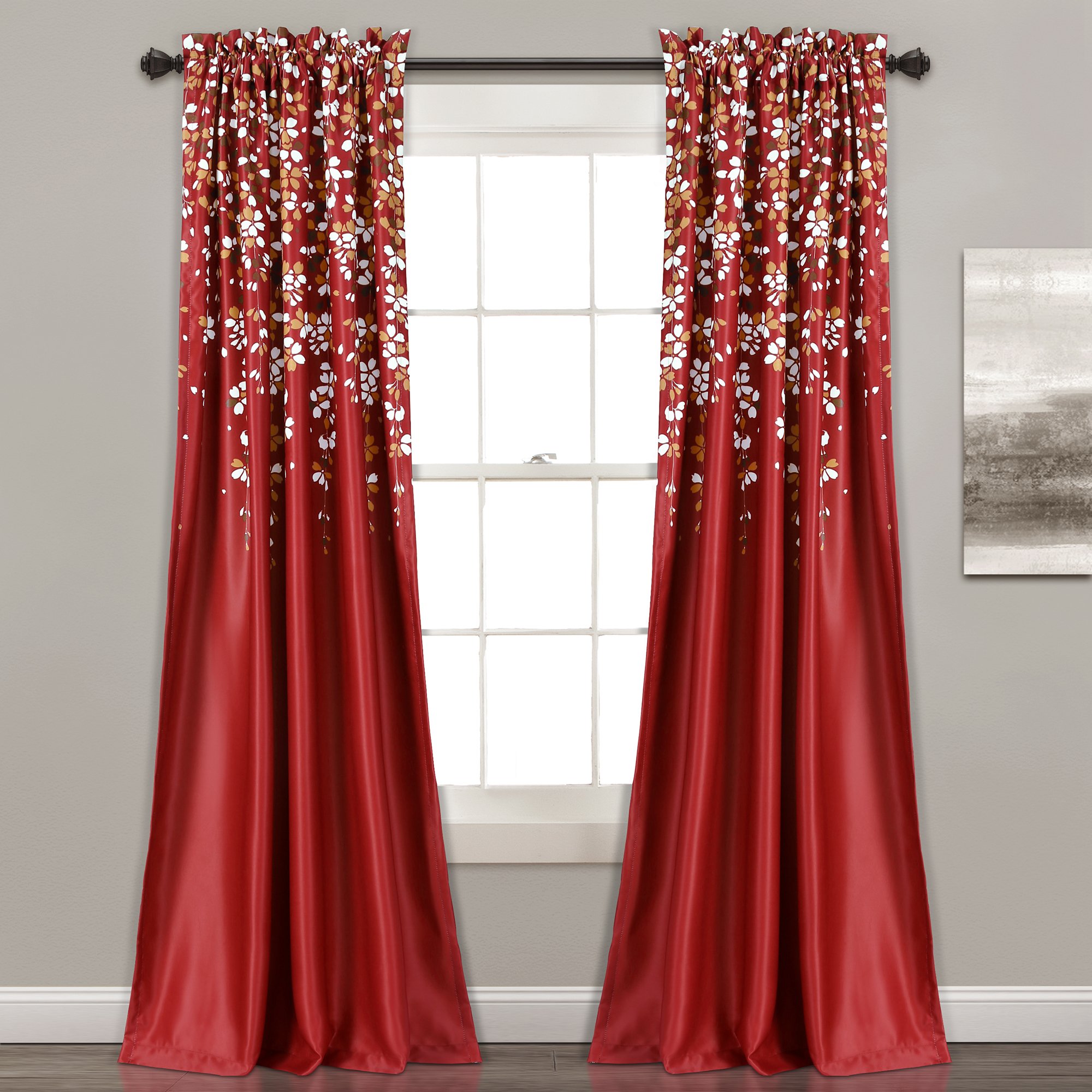 Lush Decor Weeping Flowers Darkening Window Curtains Panel Set for Living, Dining Room, Bedroom (Pair), 52" W x 84" L, Red