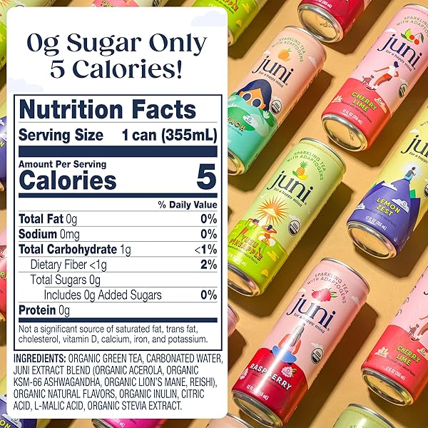 JUNI SPARKLING ADAPTOGEN DRINK WITH ASHWAGANDHA, LION’S MANE & REISHI MUSHROOMS | GREEN TEA FOR FOCUS, ZERO SUGAR, 5 CALORIES | DECAFFEINATED, NON ALCOHOLIC DRINKS – VARIETY PACK (12 PACK)