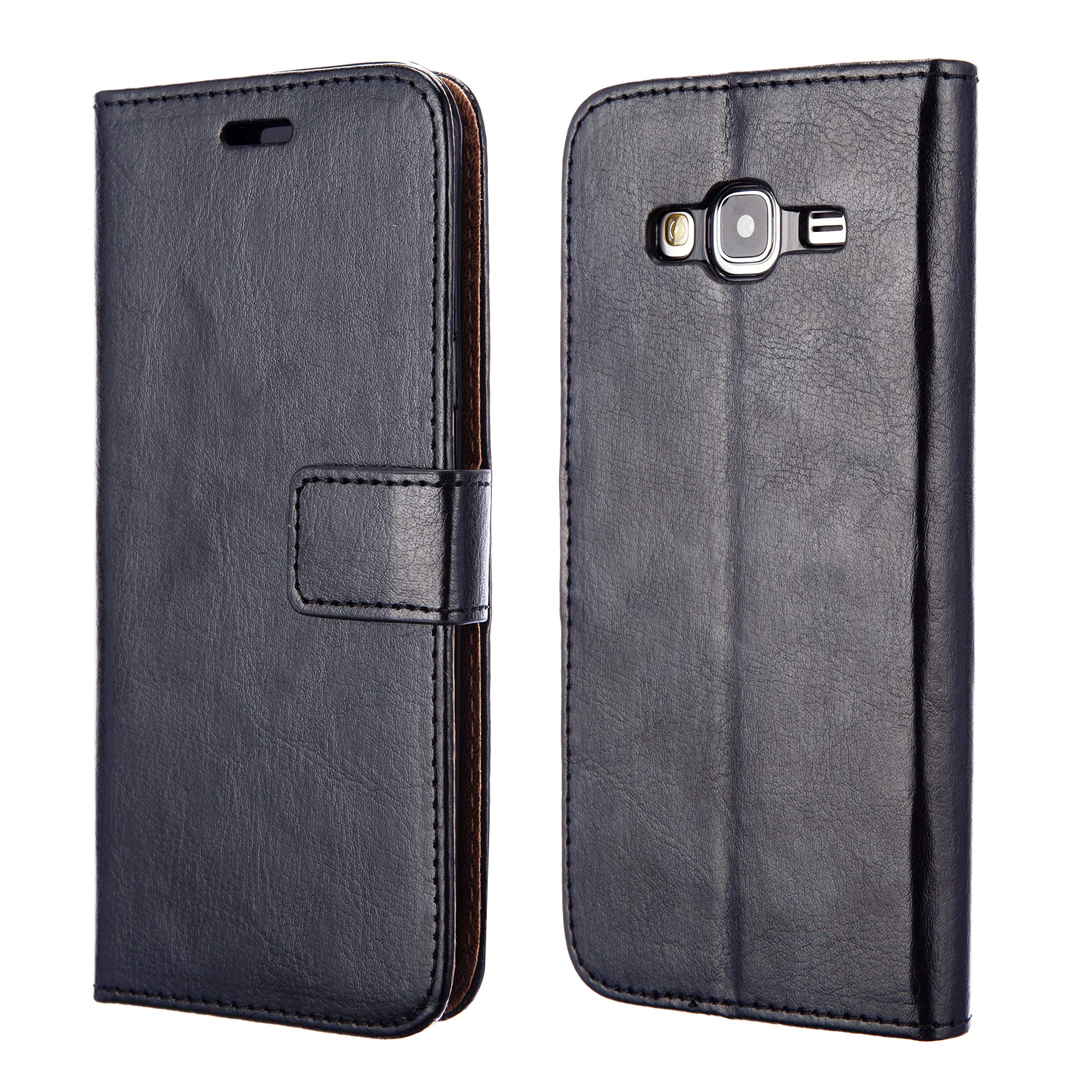 AMAZE!UK Compatible With Samsung Galaxy J3 2016 Case Black Premium Leather Protective Slim Shockproof Wallet Flip Phone Cover (Galaxy J3 2016) Card Holder, Kick Stand, Magnetic Closure