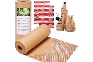 Neworld Honeycomb Packing Paper,Eco Friendly Bubble Cushioning Wrap for Moving,Products & Gifts Wrapping Paper,Recyclable Cushioning Packing Material(12" x 50') With 20 Fragile Sticker Labels