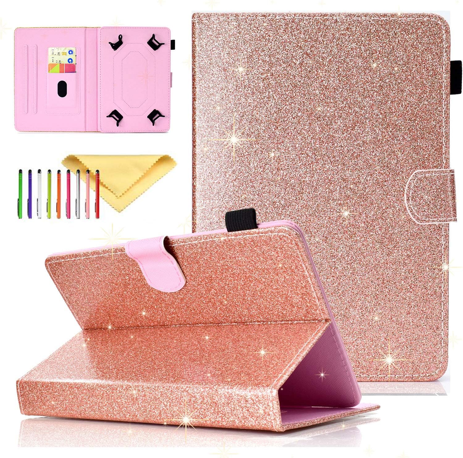 Uliking Universal Folio Case for All 6.5-7.5 inch Tablet, Uliking PU Leather Bling Glitter [Card Slots] Stand Cover for Paperwhite, Galaxy Tab 7.0 and All 7.0 Inch Tablet, Rosegold