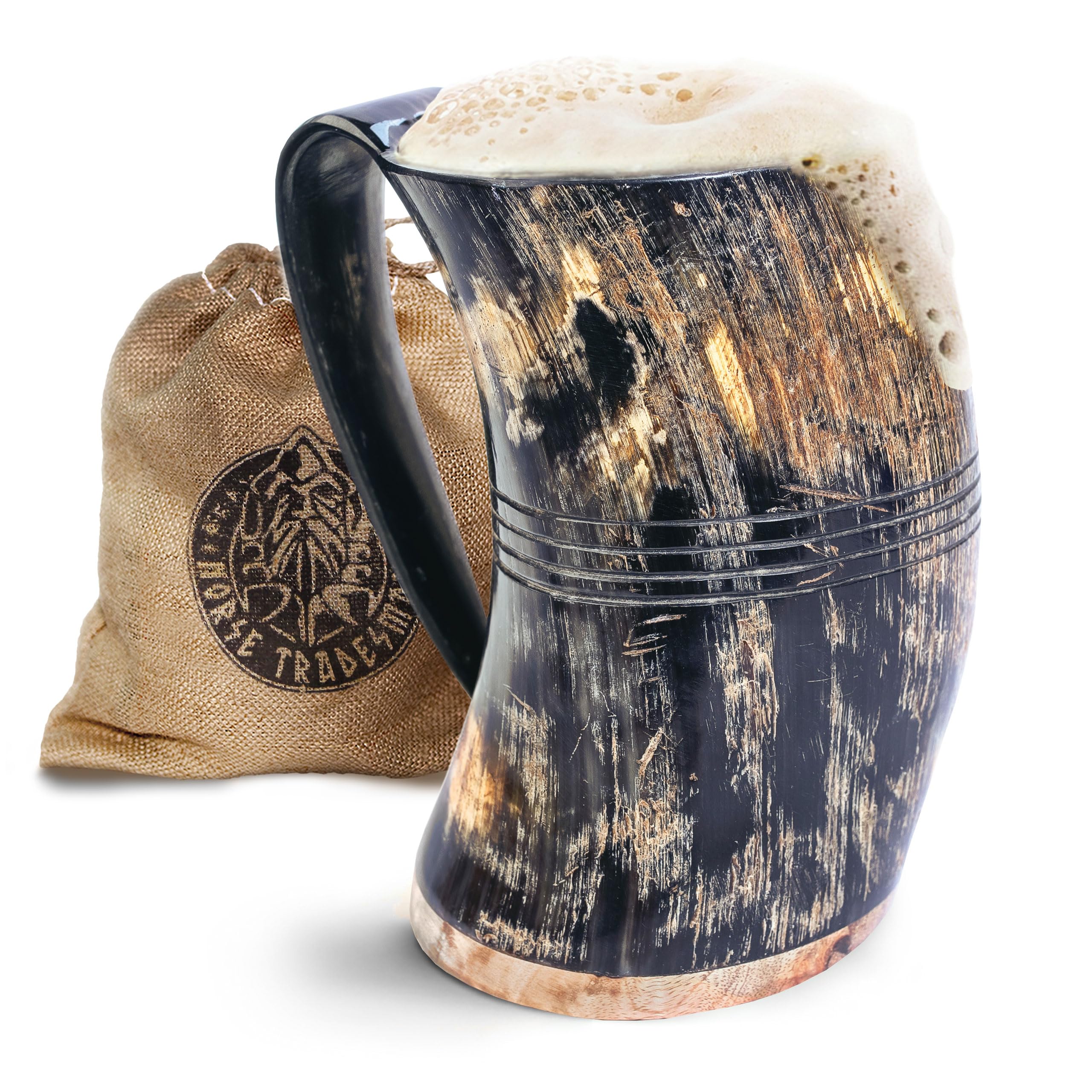 Norse Tradesman Genuine XL Viking Drinking Horn Mug - 100% Authentic Beer Horn Tankard with Hardwood Bottom & Ring Engravings | The Eternal, Unpolished, Approx. 2 Pints
