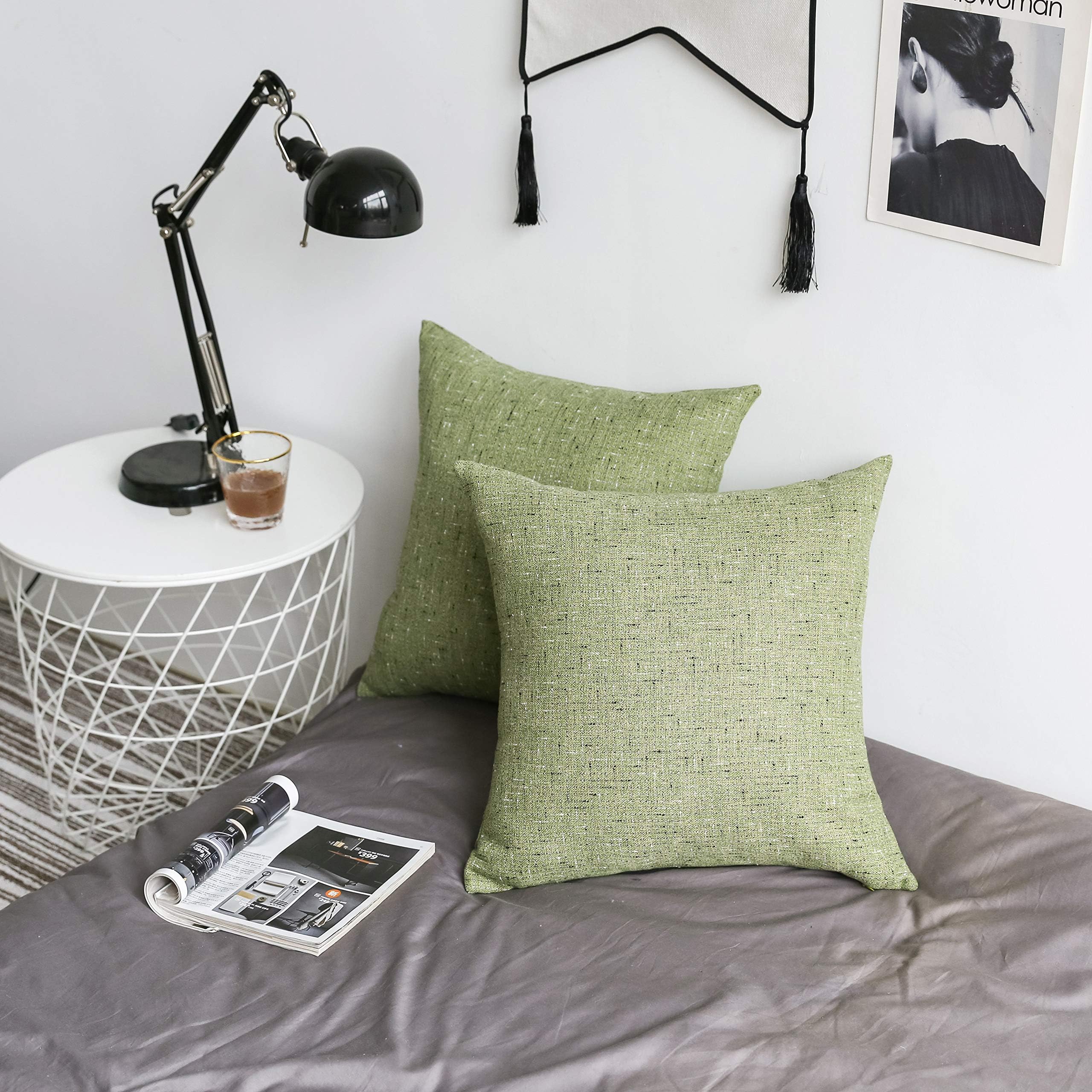 Kevin Textile Cotton Linen Pillow Covers Simple Style Cushion Case Square Throw Pillowcase for Yard Chair, Pack of 2, 20" x 20", Avocado Green