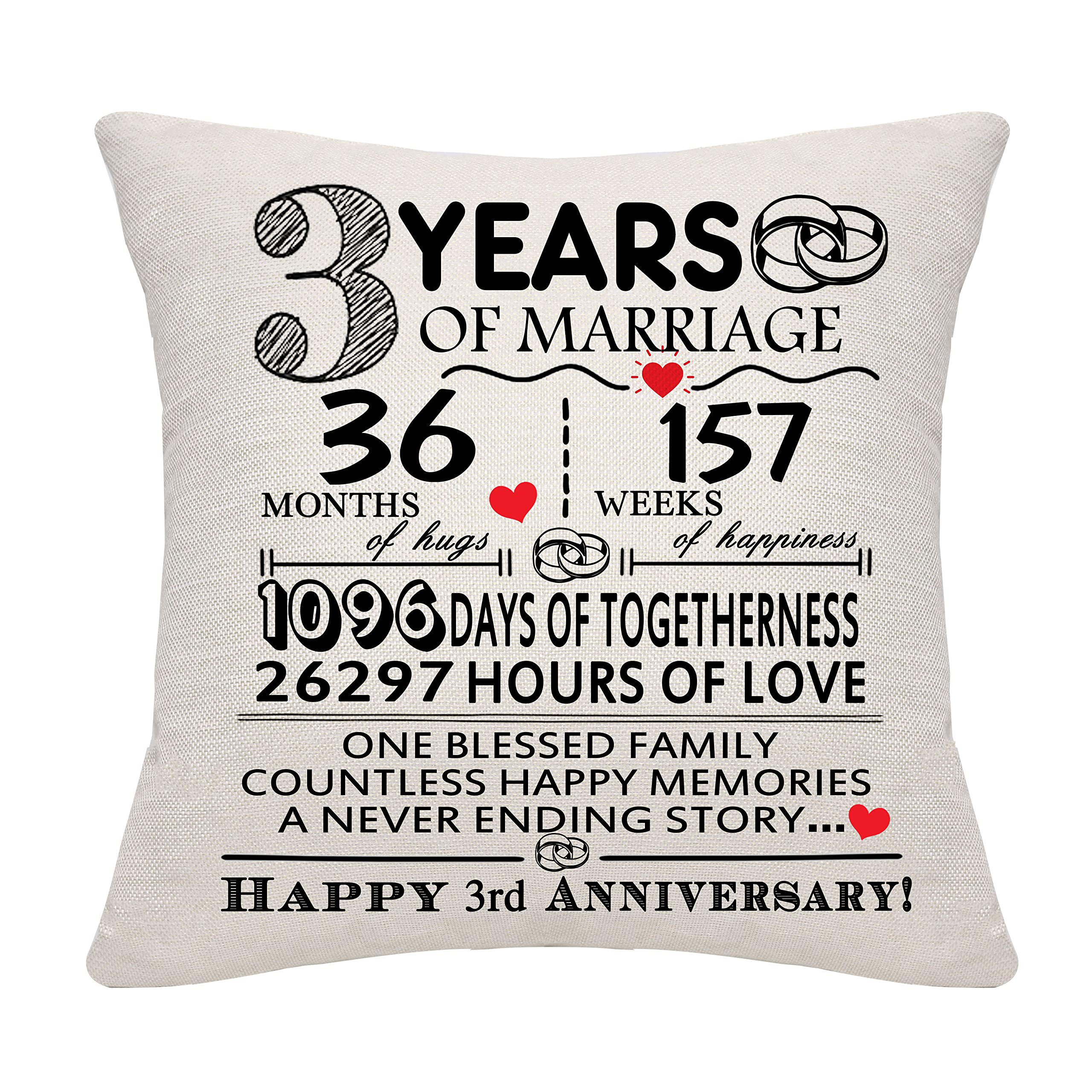 Bommex 3 Years of Marriage Gift Wedding Anniversary Cushion Cover Keepsake Decoration Gift for Couples Parents Women Men Mum Dad Husband Wife Grandma Grandad Aunt Uncle Friends (3 YEARS) โ image 1