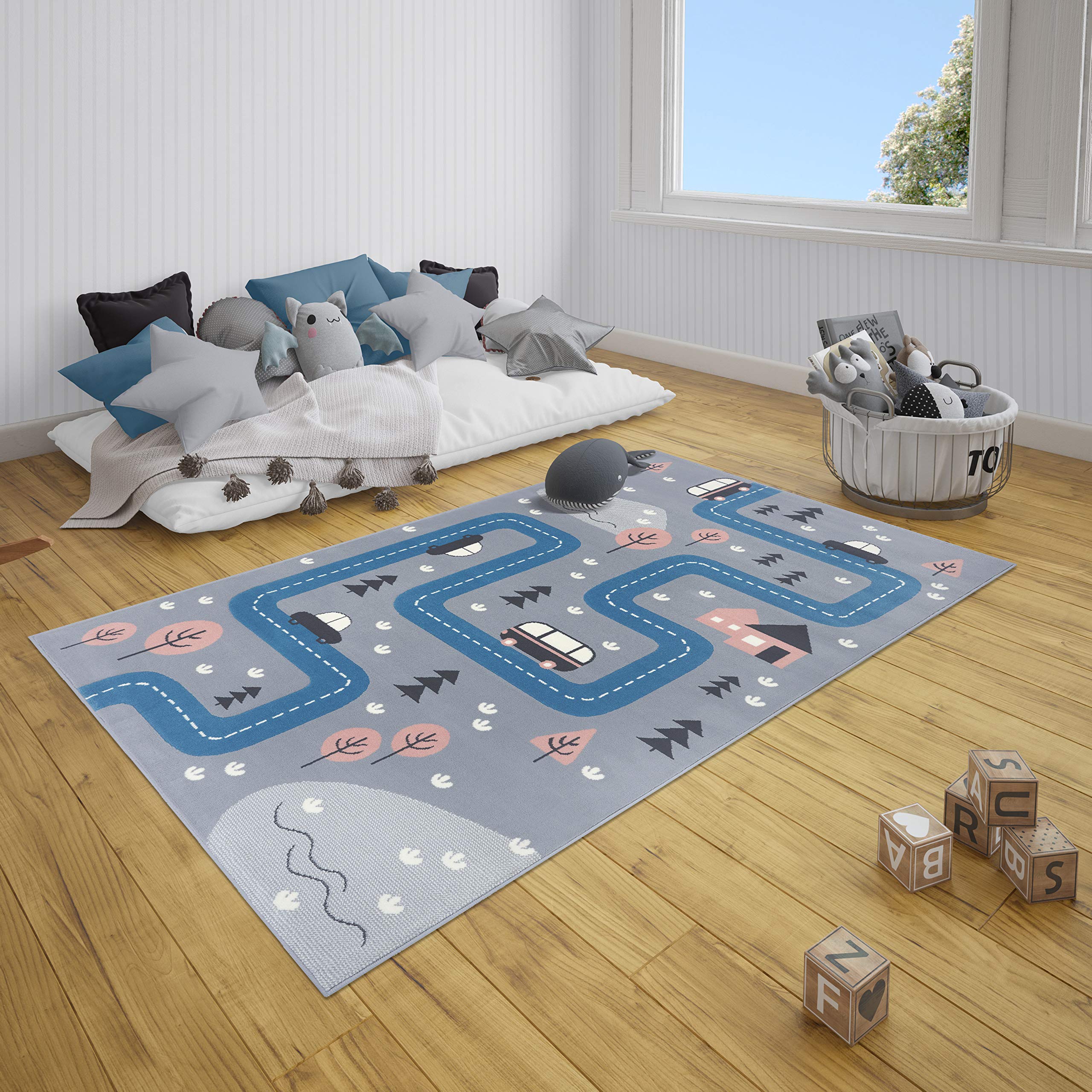 Hanse Home Dream Street Children's Room Rug - Boys Girls Play Rug Short Pile Rug Modern Play Street Motif Soft Pile Easy Care - Grey Blue, 80 x 150 cm