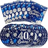 40PCS40 Birthday Party Supplies 40 Year Disposable Tableware Party Plates and Napkins Blue and Silver Birthday Table Decoration, Suitable for 20 Guests
