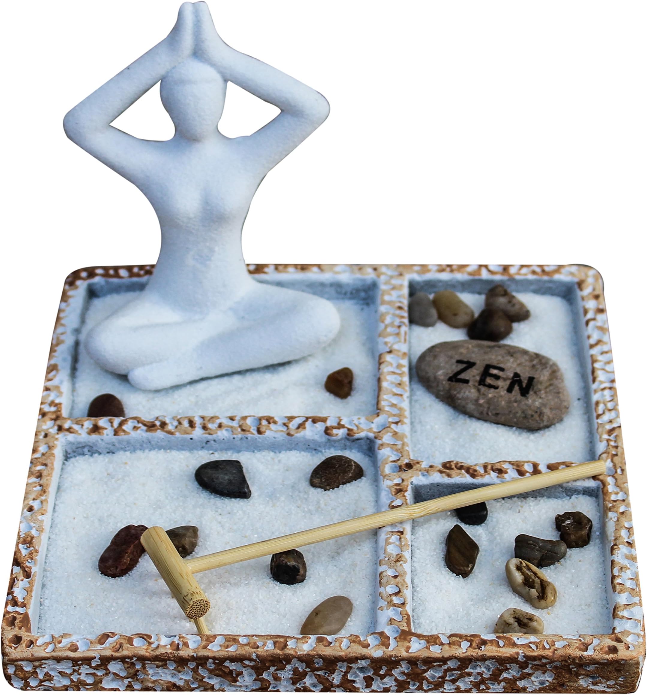 Royal Brands Zen Garden Deluxe Desk Meditation Garden Yoga Style Statue, Sands, Rocks, And Rake - Peace & Tranquility