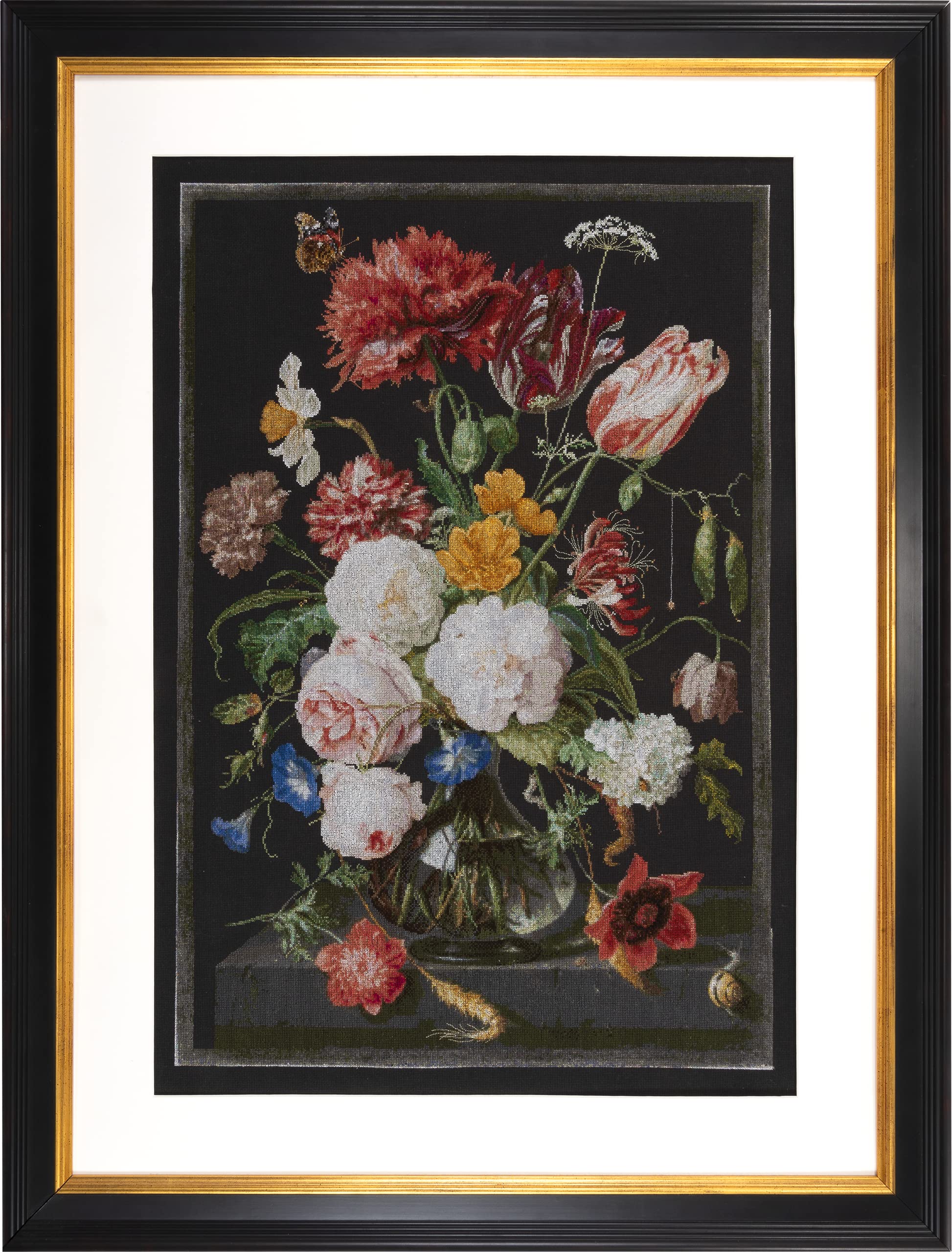 Thea Gouverneur - Counted Cross Stitch Kit - Still Life with Flowers in a glass Vase - 2 - Aida Black - 14 count - for Adults - DMC Embroidery Threads and other Cross Stitch Supplies Included - 785.07