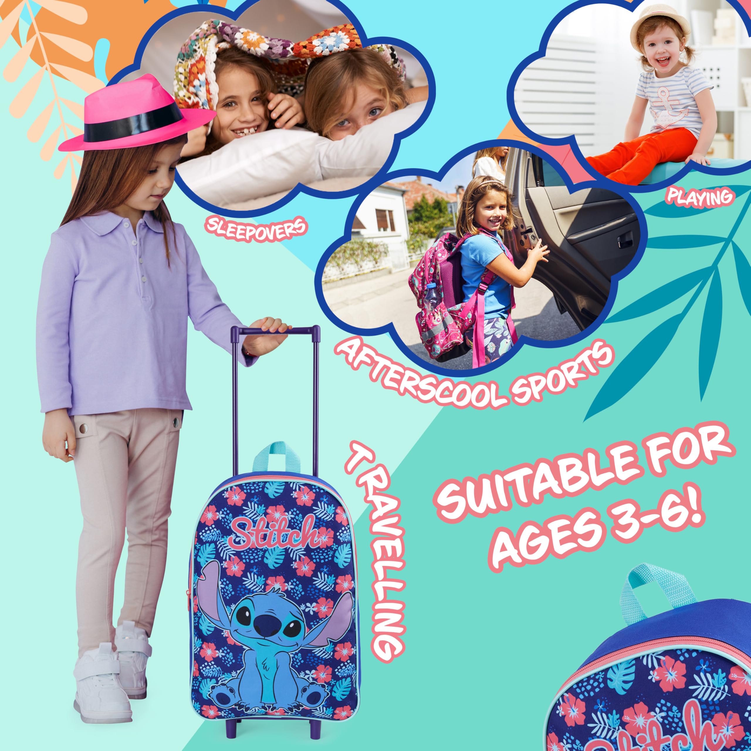 Disney Stitch Girls Suitcase, Foldable Trolley Bag 15.35” x 10.63” x 3.94”