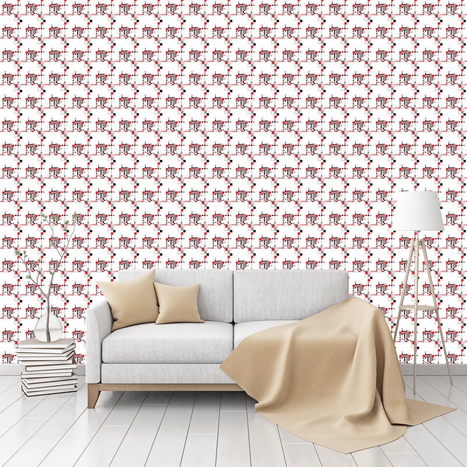 Red And Black Construction Patterned Peel & Stick Smooth Wallpaper by