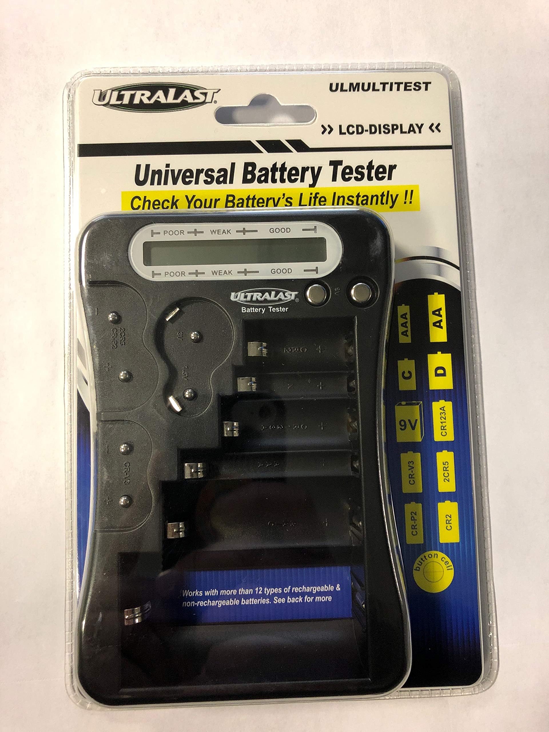 ULTRALAST - ULMULTITEST Alkaline / Ni-Cd / Ni-Mh / Photo Lithium & Coin Battery Tester. Tests AA / AAA / 9V / C / D / Photo Lithium CR123, CR-2, CRV3, 2CR5, CRP2, 1.5V & 3.0V Button Type Batteries.