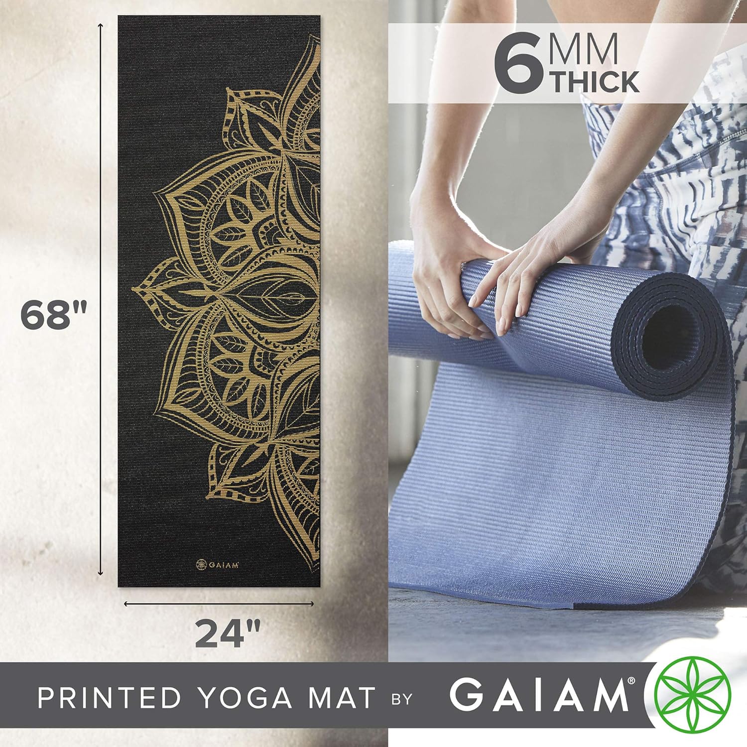 Gaiam Yoga Mat Premium Print Extra Thick Non Slip Exercise & Fitness Mat for All Types of Yoga, Pilates & Floor Workouts, Metallic Bronze Medallion, 6mm : Sports & Outdoors