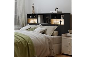 AYEASY Queen/Full Headboard Only for Bedroom, Stylish Bookcase Headboard with Charging Station & 2 LED Lights, Engineered Wood Queen Size Headboard, Noise-Free HeadBoard with Storage, Black