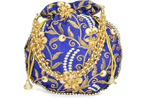 EKAVYA Potli Bag for Women Ethnic Gold, Pearl Handle Floral Accents, Drawstring Closure Pearls Handle Batwa Clutch Purse