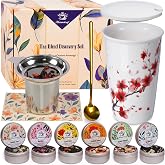 Harmoleaf Tea Gift Set for Women - 6 Herbal Loose Leaf Tea Blends, Insulated Ceramic Cup with Infuser &amp; Lid | Birthday, Mother's Day, Anniversary &amp; Retirement Gift for Her