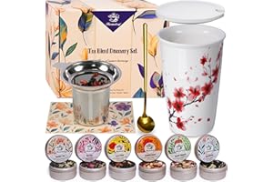 Harmoleaf Tea Gift Set for Women - 6 Herbal Loose Leaf Tea Blends, Insulated Ceramic Cup with Infuser & Lid | Birthday, Mother's Day, Anniversary & Retirement Gift for Her