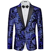 MAGE MALE Men's Velvet Floral Tuxedo Peak Lapel One Button Dinner Party Prom Wedding Suit Jacket