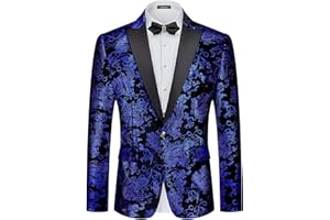 MAGE MALE Men's Velvet Floral Tuxedo Peak Lapel One Button Dinner Party Prom Wedding Suit Jacket