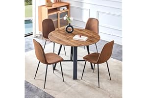Btikita Round Dining Table Set for 4, Modern Kitchen Table and Chairs Set for 4 Wood Dining Set Reception Table Set Upholstered Chair for Dining Room (Brown-A, Wood Table + 4 Chairs)