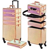 Somduy Rolling Makeup Case, Makeup Train Case with Lid, 5 in 1 Cosmetology Case on Wheels, Christmas Gift, Large Makeup Organizers, Profesional Cosmetic Case for Salon Barber, Bright Pink