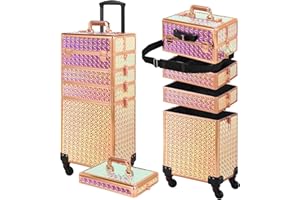 Somduy Rolling Makeup Case, Makeup Train Case with Lid, 5 in 1 Cosmetology Case on Wheels, Christmas Gift, Large Makeup Case Organizers, Profesional Cosmetic Case for Salon Barber, Bright Pink