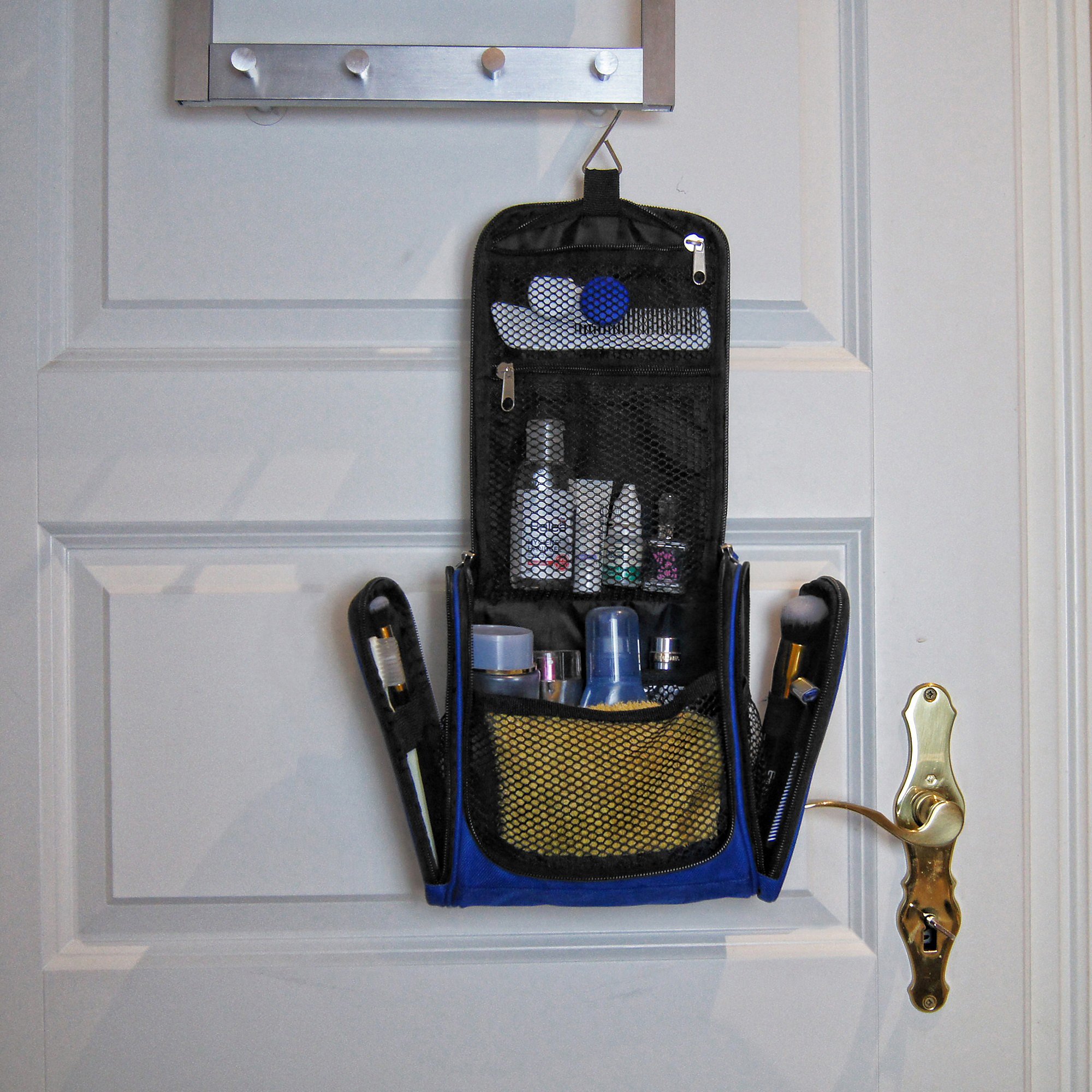 Petite trousse de toilette premium, ultra spacieuse | Kit de voyage compact avec crochet, pour hommes/femmes | Sac de toilette résistant à l'eau (bleu)